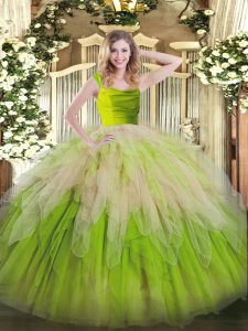 Sleeveless Organza Floor Length Zipper Sweet 16 Quinceanera Dress in Yellow Green with Lace and Ruffles