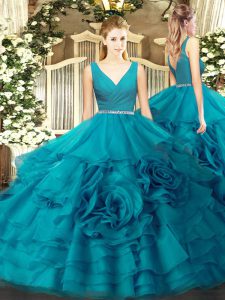 Great Teal Zipper V-neck Beading Quince Ball Gowns Fabric With Rolling Flowers Sleeveless