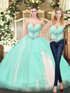 Amazing Sleeveless Organza Floor Length Lace Up Quince Ball Gowns in Apple Green with Beading and Ruffles