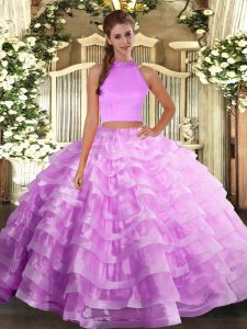 Custom Design Floor Length Lilac Sweet 16 Dresses Halter Top Sleeveless Backless