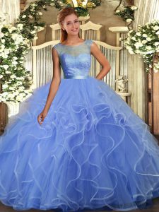 Fine Scoop Sleeveless Sweet 16 Dress Floor Length Ruffles Blue Organza