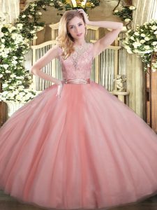 Super Baby Pink Sleeveless Lace Floor Length Ball Gown Prom Dress