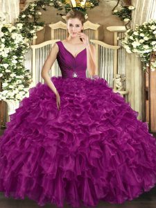 Inexpensive Fuchsia Ball Gowns V-neck Sleeveless Organza Floor Length Backless Beading and Ruffles Quinceanera Dresses