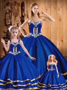 Floor Length Lace Up 15th Birthday Dress Blue for Military Ball and Sweet 16 and Quinceanera with Embroidery