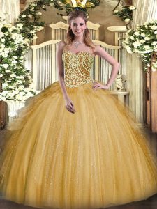 High Class Gold Ball Gowns Organza Sweetheart Sleeveless Beading and Ruffles Floor Length Lace Up Ball Gown Prom Dress