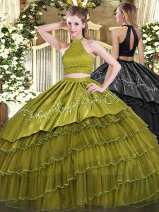Shining Olive Green Sleeveless Floor Length Beading and Embroidery and Ruffled Layers Backless Vestidos de Quinceanera