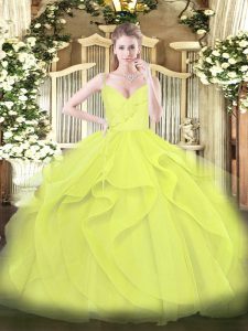 Spaghetti Straps Sleeveless Zipper Quince Ball Gowns Yellow Green and Yellow Tulle