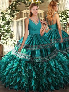 Artistic Teal V-neck Backless Ruffles Quince Ball Gowns Sleeveless