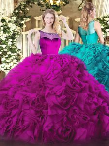 Fantastic Sleeveless Fabric With Rolling Flowers Zipper Sweet 16 Quinceanera Dress in Fuchsia with Beading