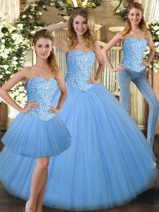 Ball Gowns Ball Gown Prom Dress Baby Blue Sweetheart Tulle Sleeveless Floor Length Lace Up