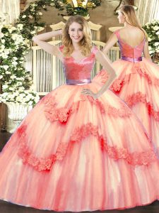Simple Watermelon Red Tulle Zipper Quince Ball Gowns Sleeveless Floor Length Beading and Appliques