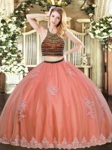 Coral Red Ball Gowns Tulle Halter Top Sleeveless Beading and Appliques Floor Length Zipper Sweet 16 Dresses