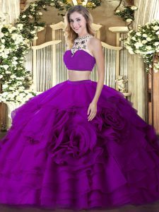 Flirting Tulle High-neck Sleeveless Backless Beading and Ruffled Layers Sweet 16 Quinceanera Dress in Fuchsia