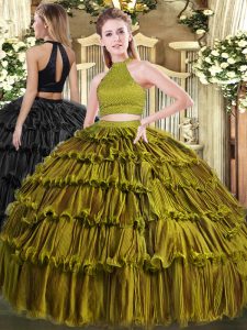 Olive Green Quinceanera Dress Military Ball and Quinceanera with Beading and Ruffled Layers Halter Top Sleeveless Backless
