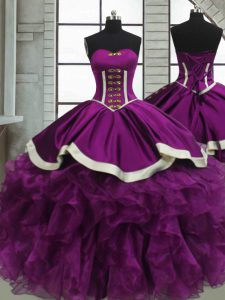 Custom Designed Sleeveless Satin and Organza Floor Length Lace Up Quinceanera Gown in Purple with Beading and Ruffles