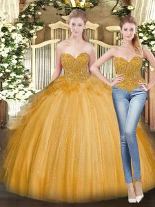 Gold Ball Gowns Tulle Sweetheart Sleeveless Beading and Ruffles Floor Length Lace Up 15th Birthday Dress