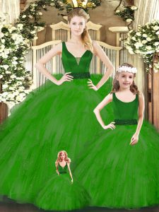 Green Ball Gowns V-neck Sleeveless Organza Floor Length Zipper Beading and Ruffles Quince Ball Gowns
