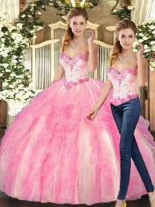 Floor Length Rose Pink Quince Ball Gowns Organza Sleeveless Beading and Ruffles