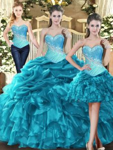 Custom Fit Teal Vestidos de Quinceanera Military Ball and Sweet 16 and Quinceanera with Beading and Ruffles Sweetheart Sleeveless Lace Up