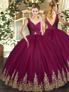 Burgundy Tulle Backless Vestidos de Quinceanera Sleeveless Floor Length Beading and Appliques and Ruching