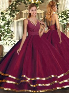 Burgundy Ball Gowns Ruching Quinceanera Gown Backless Tulle Sleeveless Floor Length