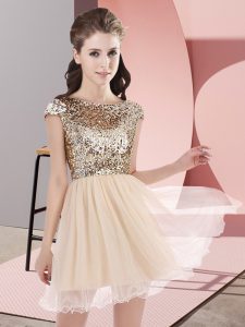 High Quality Champagne A-line Tulle Scoop Cap Sleeves Sequins Mini Length Zipper Quinceanera Court Dresses