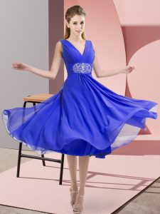 Blue Side Zipper Quinceanera Court of Honor Dress Beading Sleeveless Knee Length