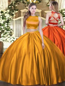 Ball Gowns 15th Birthday Dress Orange High-neck Tulle Sleeveless Floor Length Criss Cross