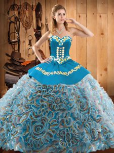 Sweetheart Sleeveless Satin and Fabric With Rolling Flowers Quince Ball Gowns Embroidery Sweep Train Lace Up