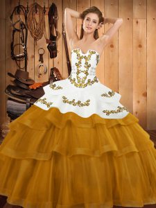 Gold Sleeveless Sweep Train Embroidery and Ruffled Layers Sweet 16 Quinceanera Dress