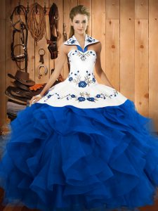 Customized Sleeveless Tulle Floor Length Lace Up Quince Ball Gowns in Blue with Embroidery and Ruffles