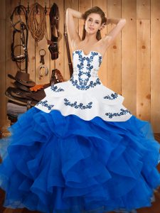 Blue Ball Gowns Embroidery and Ruffles Sweet 16 Dress Lace Up Satin and Organza Sleeveless Floor Length