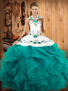 Floor Length Teal Sweet 16 Quinceanera Dress Tulle Sleeveless Embroidery and Ruffles