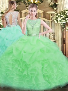 High Quality Sleeveless Organza Floor Length Backless Sweet 16 Dresses in with Lace and Ruffles