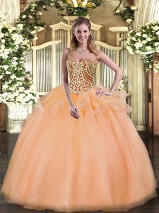 Classical Tulle Sweetheart Sleeveless Lace Up Beading and Ruffles Sweet 16 Dresses in Peach