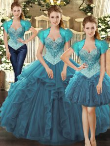 Tulle Straps Sleeveless Lace Up Beading and Ruffles Vestidos de Quinceanera in Teal