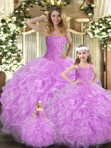 Low Price Lilac Ball Gowns Sweetheart Sleeveless Organza Floor Length Lace Up Beading and Ruffles Sweet 16 Dresses