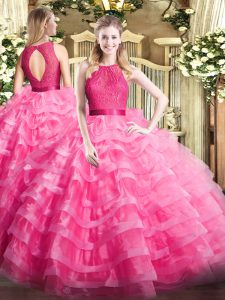 Classical Hot Pink Ball Gowns Scoop Sleeveless Organza Floor Length Zipper Ruffled Layers Vestidos de Quinceanera