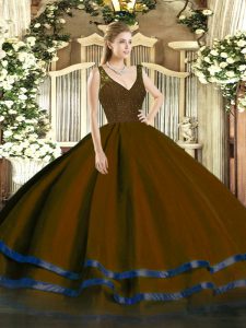 Brown Sleeveless Organza Backless Quince Ball Gowns for Military Ball and Sweet 16 and Quinceanera