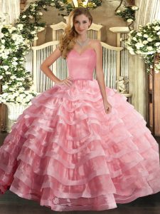 Stylish Watermelon Red Lace Up Vestidos de Quinceanera Ruffled Layers Sleeveless Floor Length