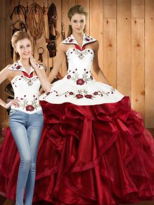 High Quality Wine Red Two Pieces Embroidery and Ruffles Quinceanera Gown Lace Up Organza Sleeveless Floor Length