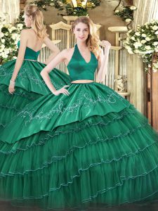 Flare Floor Length Dark Green Quince Ball Gowns Organza and Taffeta Sleeveless Embroidery and Ruffled Layers