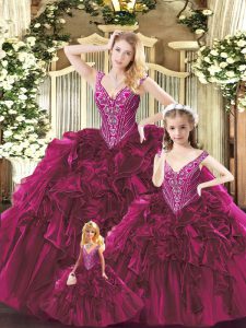 Most Popular Fuchsia Organza Lace Up Quince Ball Gowns Sleeveless Floor Length Beading and Ruffles