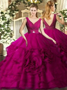 Wonderful Fuchsia Sleeveless Organza Backless Quinceanera Gowns for Military Ball and Sweet 16 and Quinceanera