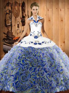 Multi-color Fabric With Rolling Flowers Lace Up Halter Top Sleeveless Sweet 16 Quinceanera Dress Sweep Train Embroidery
