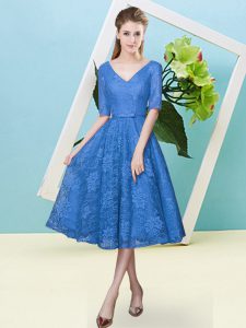 Custom Made Bowknot Dama Dress for Quinceanera Blue Lace Up Half Sleeves Tea Length