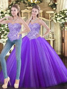 High End Sleeveless Tulle Floor Length Lace Up Ball Gown Prom Dress in Eggplant Purple with Beading