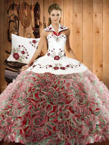 Glamorous Multi-color Fabric With Rolling Flowers Lace Up Ball Gown Prom Dress Sleeveless Sweep Train Embroidery
