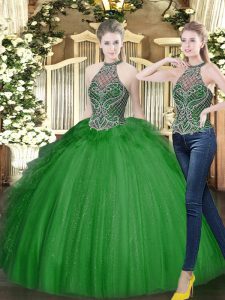 Beading and Ruffles Quince Ball Gowns Dark Green Lace Up Sleeveless Floor Length