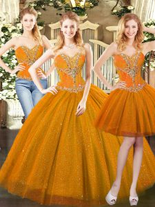 Orange Red Sleeveless Tulle Lace Up 15 Quinceanera Dress for Military Ball and Sweet 16 and Quinceanera
